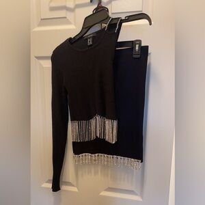 Chic Black sweater Top & skirt with Silver Beaded Fringe